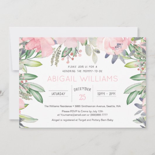 Greenery Pink Flower Baby shower Invitation Kaart (Voorkant)