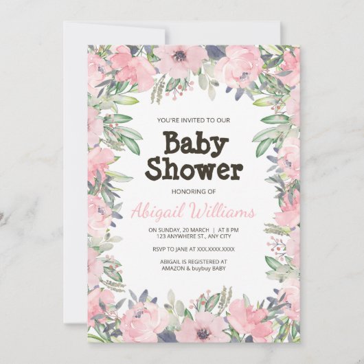 Greenery Pink Flower Baby shower Kaart (Voorkant)