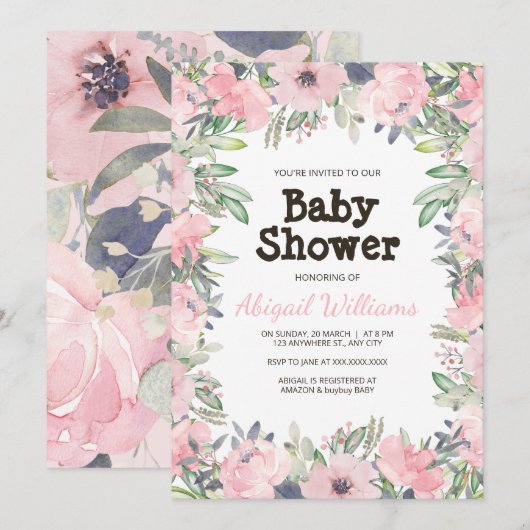 Greenery Pink Flower Baby shower Kaart (Voorkant / Achterkant)