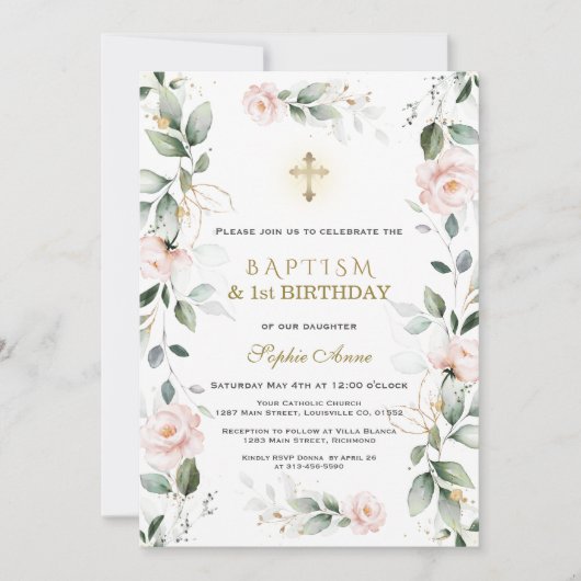 Greenery Pink Flowers Baptism 1e verjaardag Kaart (Voorkant)