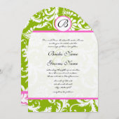 Greenery & Pink Yarrow Damask Wedding Invitation Kaart (Voorkant / Achterkant)