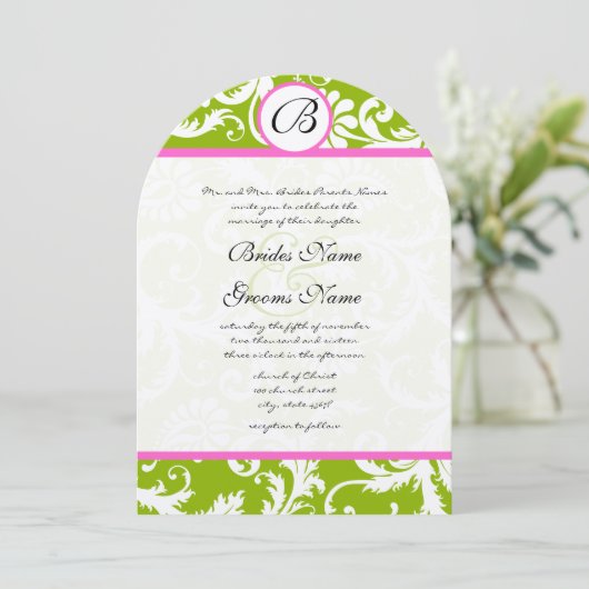 Greenery & Pink Yarrow Damask Wedding Invitation Kaart (Staand voorkant)