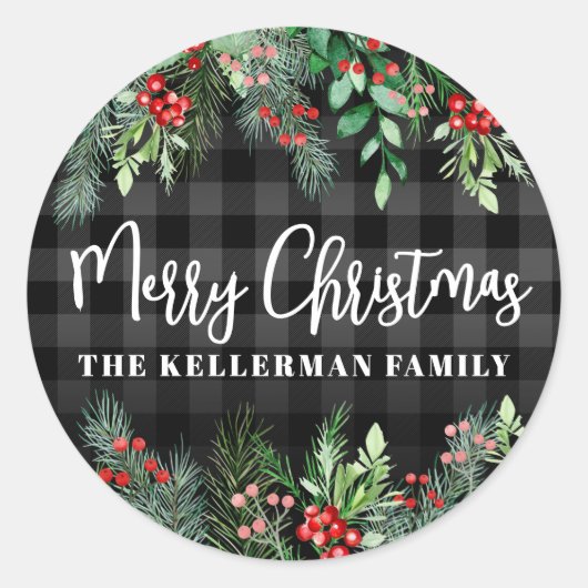 Greenery Plaid Vrolijk Kerstfeest Ronde Sticker (Voorkant)