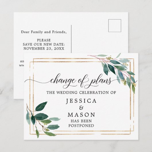 Greenery Postponed Wedding Change the Date Briefkaart (Voorkant / Achterkant)