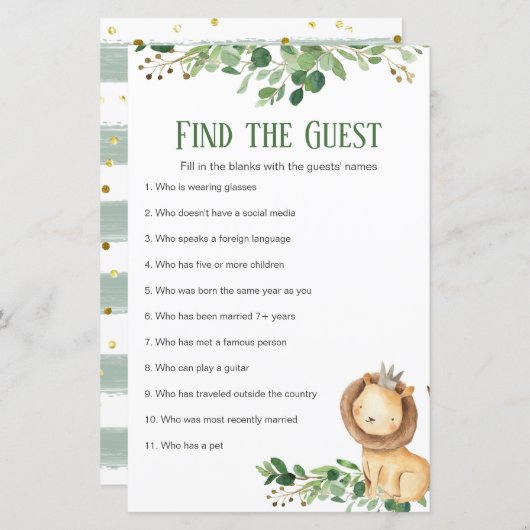 Greenery Prince Lion Baby shower vindt de gast (Voorkant / Achterkant)