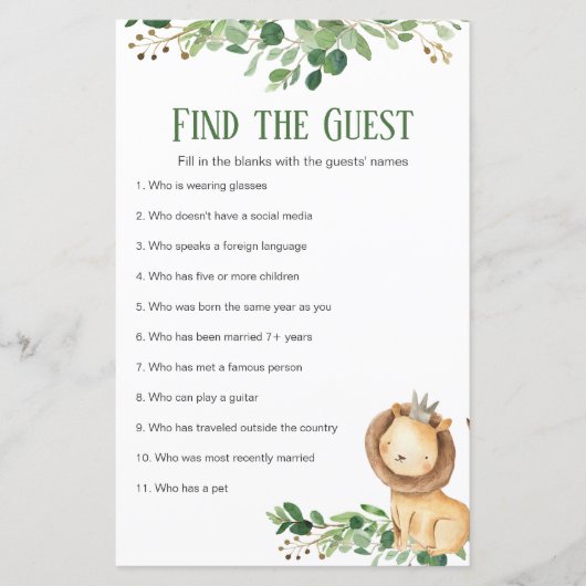 Greenery Prince Lion Baby shower vindt de gast (Voorkant)