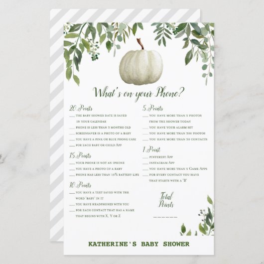 Greenery Pumpkin Baby shower Game PRINED (Voorkant / Achterkant)