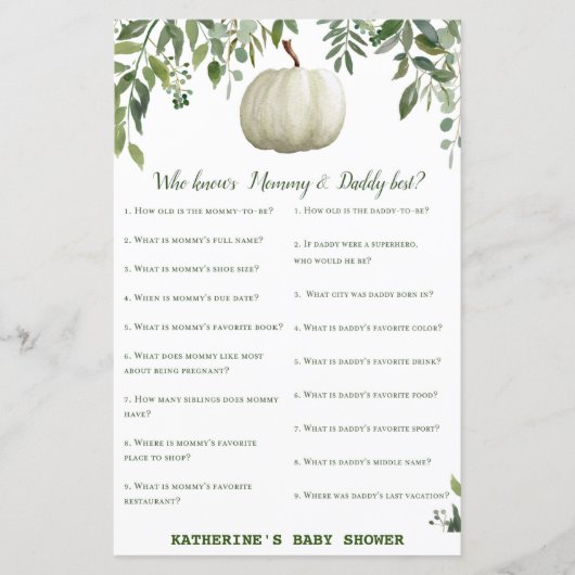 Greenery Pumpkin Baby shower Game PRINED (Voorkant)