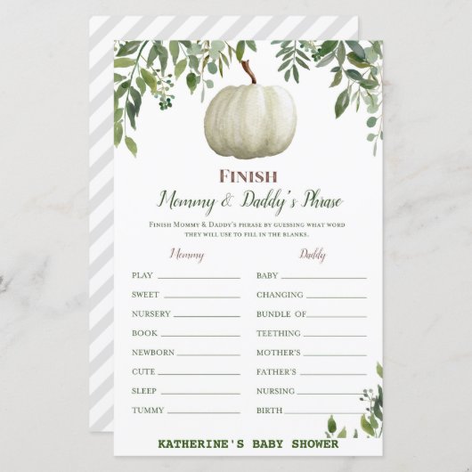Greenery Pumpkin Baby shower Game PRINED (Voorkant / Achterkant)