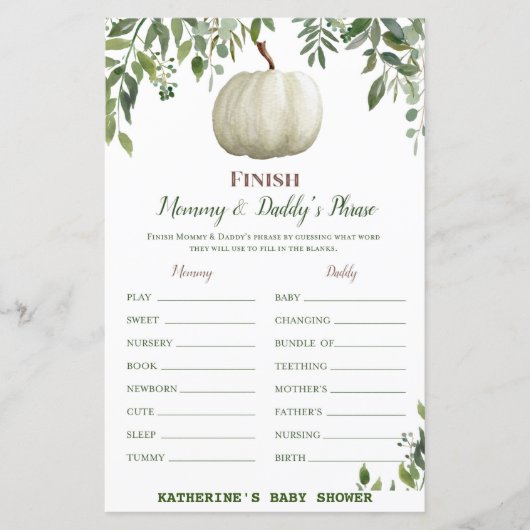 Greenery Pumpkin Baby shower Game PRINED (Voorkant)