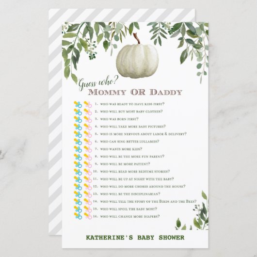 Greenery Pumpkin Baby shower Game PRINED (Voorkant / Achterkant)