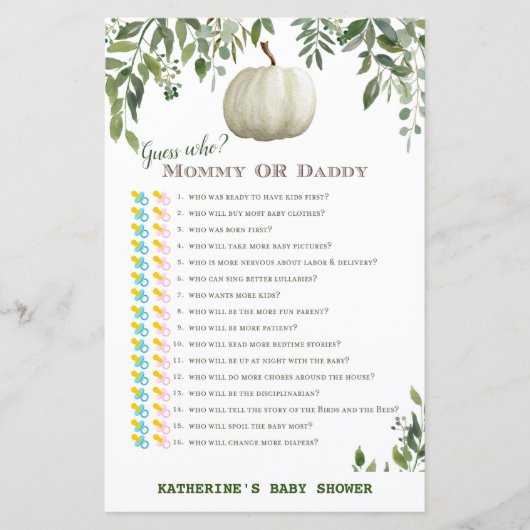 Greenery Pumpkin Baby shower Game PRINED (Voorkant)