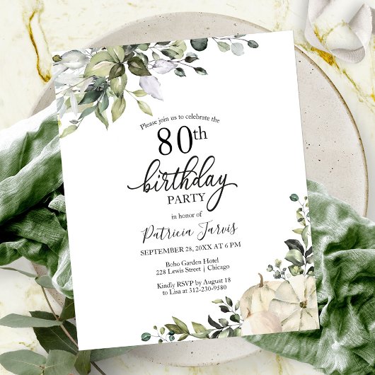 Greenery Pumpkin Budget 80th Birthday Invitation