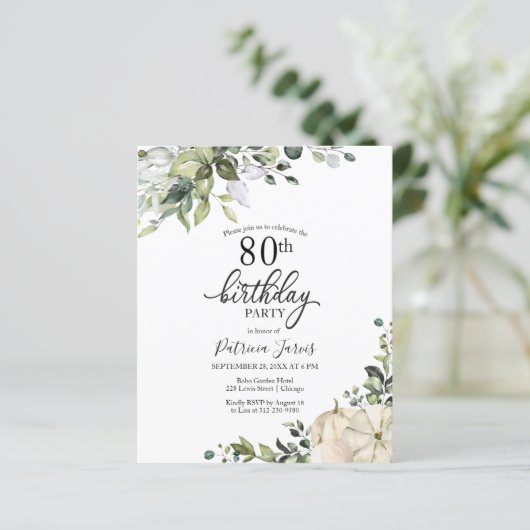 Greenery Pumpkin Budget 80th Birthday Invitation (Staand voorkant)