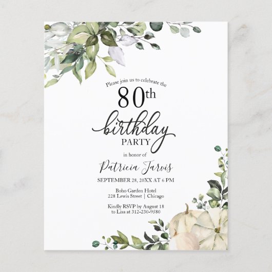 Greenery Pumpkin Budget 80th Birthday Invitation (Voorkant)