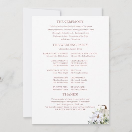 Greenery Pumpkin Fall Wedding Ceremony Programma (Achterkant)