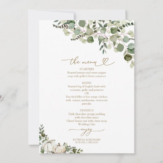 Greenery Pumpkin Fall Wedding Menu Kaart (Voorkant)