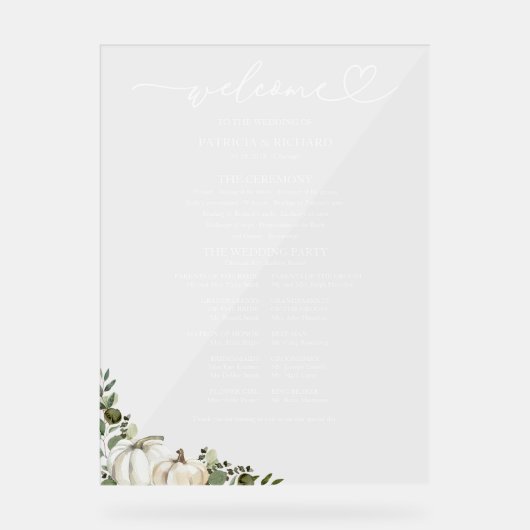 Greenery Pumpkin Fall Wedding Program Sign Acryl Bord (Voorkant)