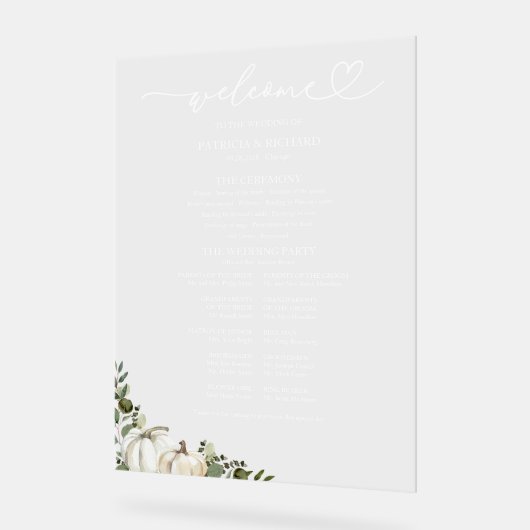 Greenery Pumpkin Fall Wedding Program Sign Acryl Bord (Hoek)