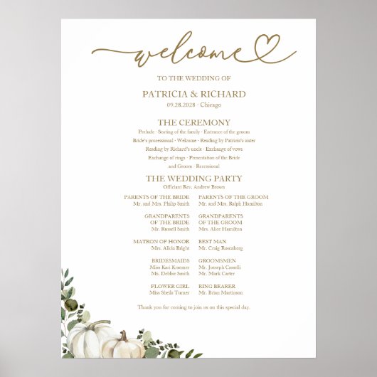 Greenery Pumpkin Fall Wedding Program Sign Poster (Voorkant)