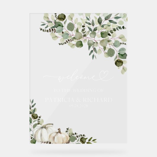 Greenery Pumpkin Fall Wedding Welkom Acryl Bord (Voorkant)