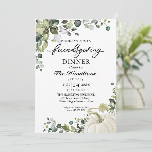 Greenery Pumpkin Friendsgiving Dinner Invitation (Staand voorkant)