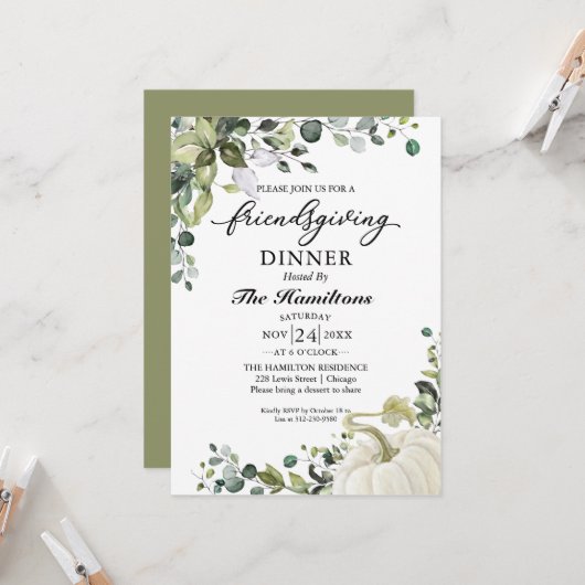 Greenery Pumpkin Friendsgiving Dinner Invitation (Voorkant / Achterkant in situ)
