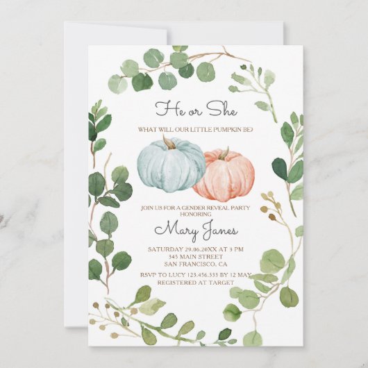 Greenery Pumpkin Geslacht Onthulling Uitnodiging (Voorkant)
