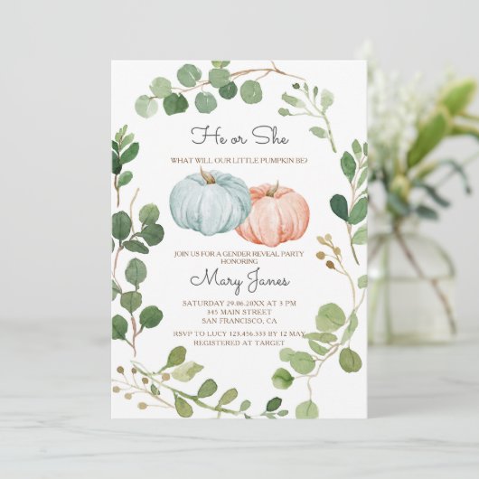 Greenery Pumpkin Geslacht Onthulling Uitnodiging (Staand voorkant)