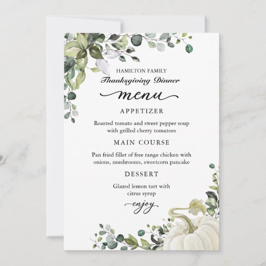 Greenery Pumpkin Thanksgiving Dinner Menu Card (Voorkant)