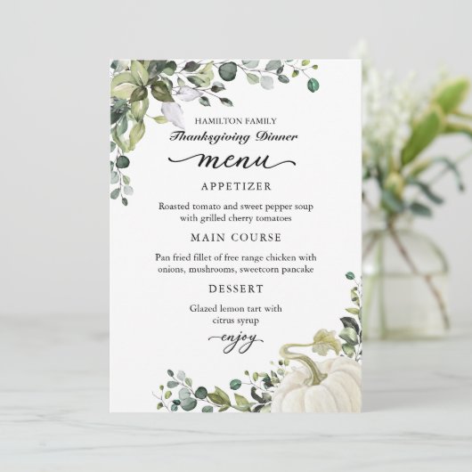 Greenery Pumpkin Thanksgiving Dinner Menu Card (Staand voorkant)