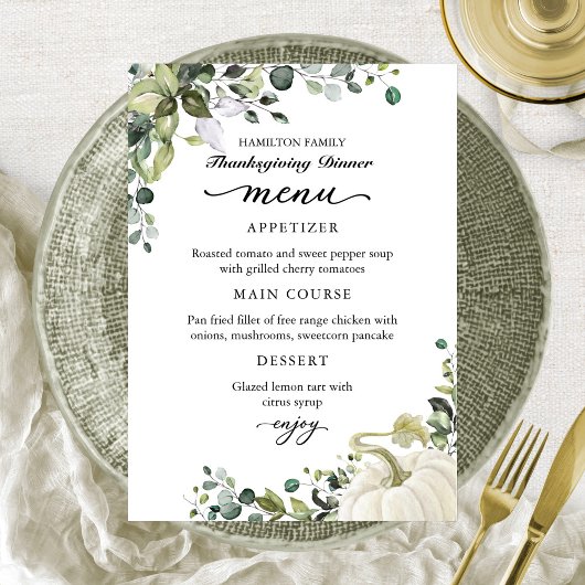 Greenery Pumpkin Thanksgiving Dinner Menu Card