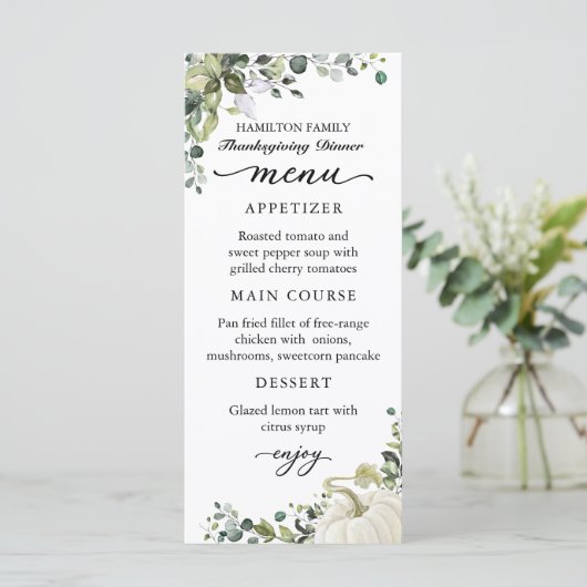 Greenery Pumpkin Thanksgiving Dinner Menu Card (Staand voorkant)