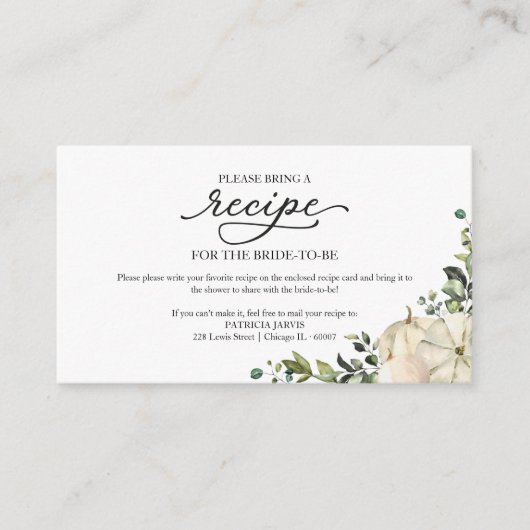 Greenery Pumpkin Vrijgezellenfeest Recipe Request Informatiekaartje (Voorkant)