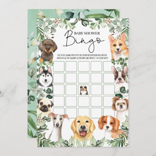 Greenery Puppy Dog Bingo Baby shower Kaart (Voorkant / Achterkant)