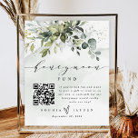 Greenery QR Code Honeymoon Weddenschap Poster<br><div class="desc">Laat uw gasten de QR code met hun telefoons aftasten en hen verzenden naar de betaling URL van uw keus voor een geld gift of een huwelijksfonds. Het grafische ontwerp is voorzien van een groene bouquet bovenaan met een stoffige blauwe/grijze splash. U kunt de splash ook verwijderen en de tekst...</div>