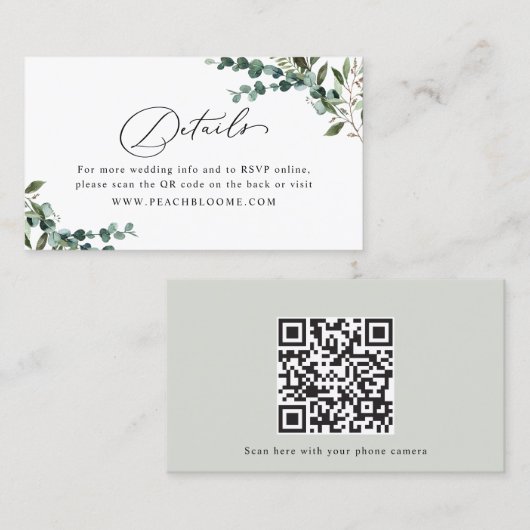 Greenery QR Code Wedding Details Enclosure Card Visitekaartje (Voorkant / Achterkant)