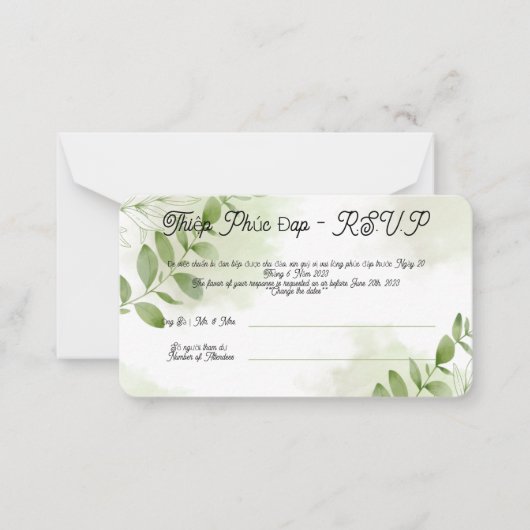 Greenery R.S.V.P Vietnamese trouwkaart Notitiekaartje (Voorkant)