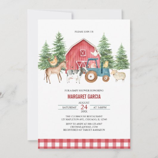 Greenery Red Barnyard Farm Animals Baby shower Kaart (Voorkant)