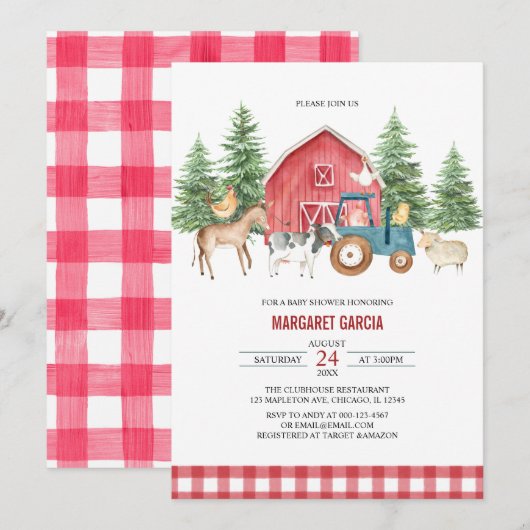 Greenery Red Barnyard Farm Animals Baby shower Kaart (Voorkant / Achterkant)