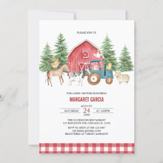 Greenery Red Barnyard Farm Animals Baby shower Kaart