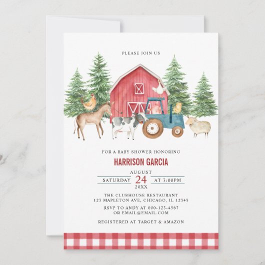 Greenery Red Barnyard Farm Animals Baby shower Kaart (Voorkant)