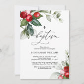 Greenery & Red Berries Baptism Invitation Kaart (Voorkant)