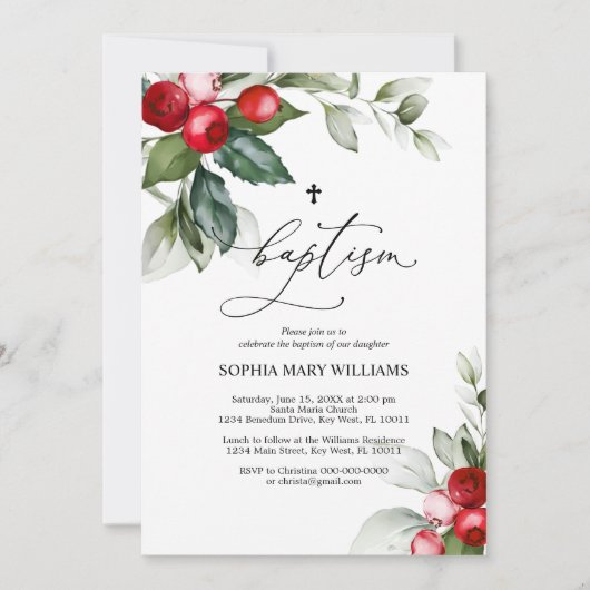 Greenery & Red Berries Baptism Invitation Kaart (Voorkant)