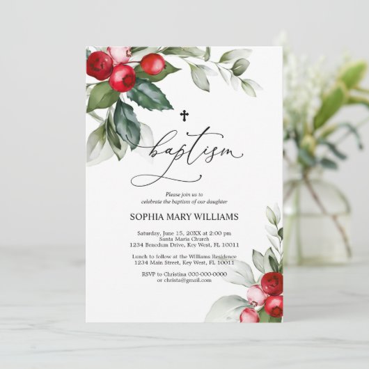 Greenery & Red Berries Baptism Invitation Kaart (Staand voorkant)