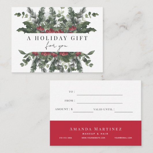 Greenery & Red Berries Holiday Cadeaucertificaat Visitekaartje (Voorkant / Achterkant)