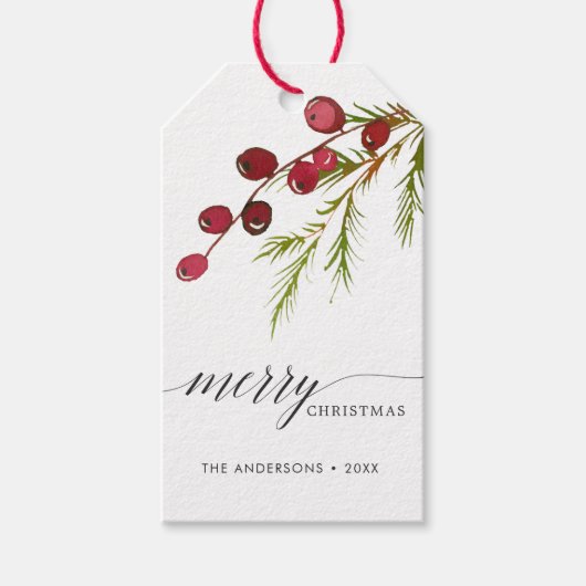 Greenery Red Berries Holiday Cadeaulabel (Voorkant)