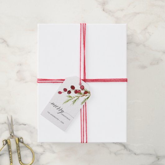 Greenery Red Berries Holiday Cadeaulabel (Met Touw)