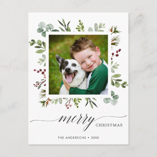 Greenery Red Berries Holiday Foto Briefkaart (Voorkant)