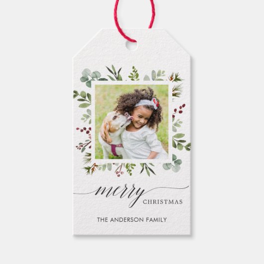 Greenery Red Berries Holiday Foto Cadeaulabel (Voorkant)